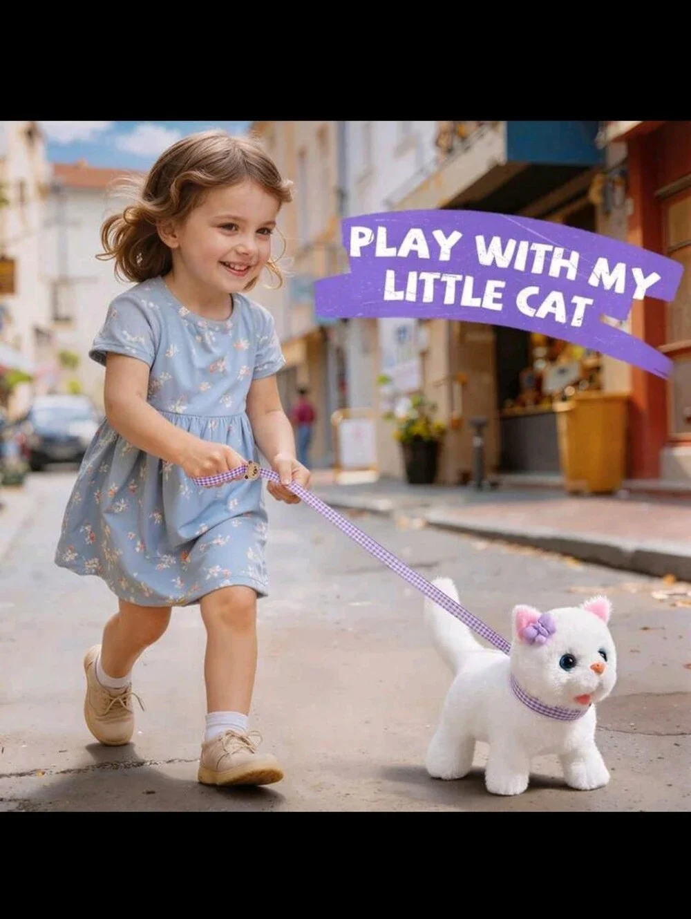 Plush White Kitten Playset with Mauve Purple Carrier - Pet Roleplay Set